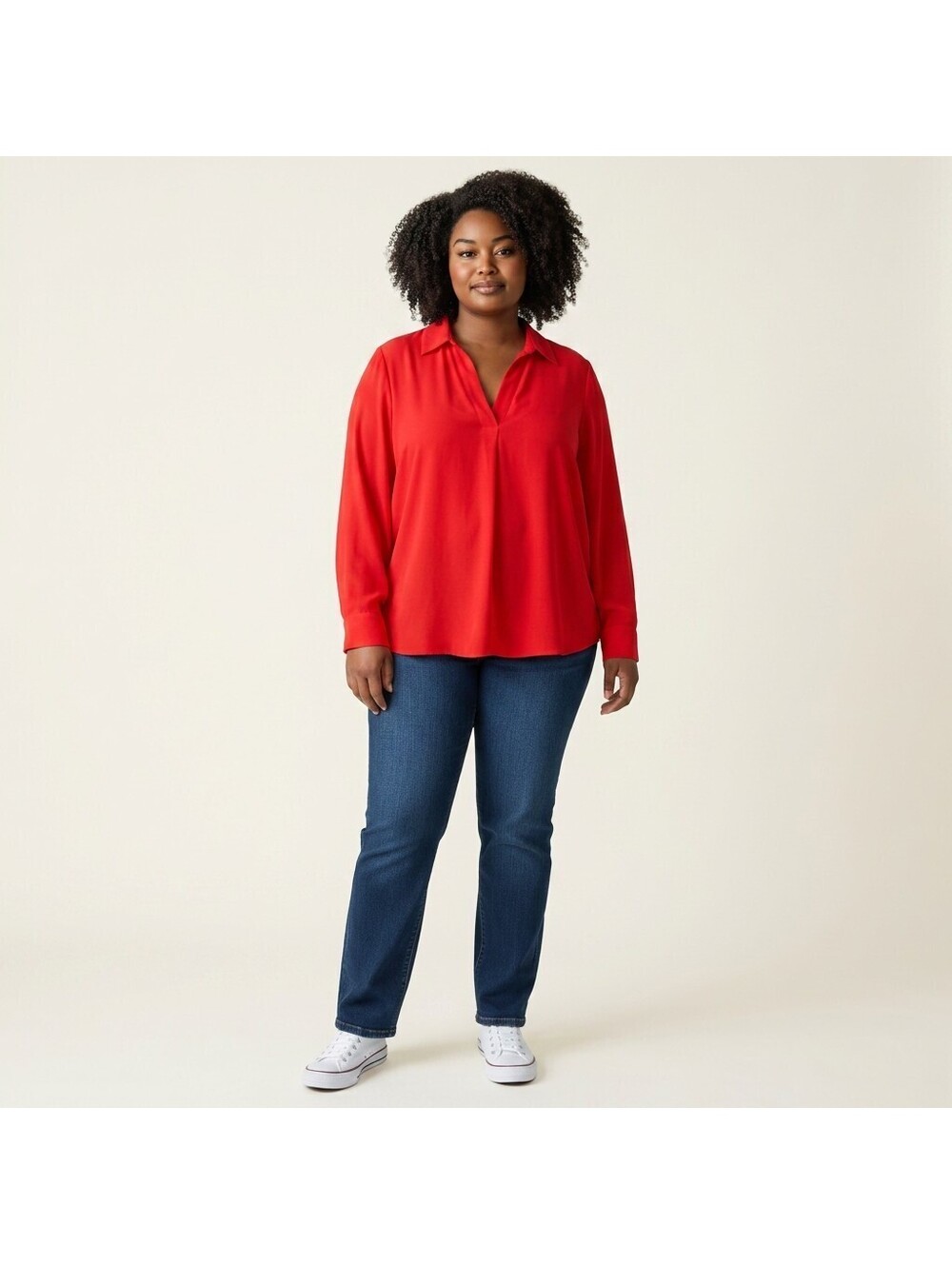 Rafaella Blouse Women XL Red Collared Long Sleeve Pullover Casual Solid Stretch